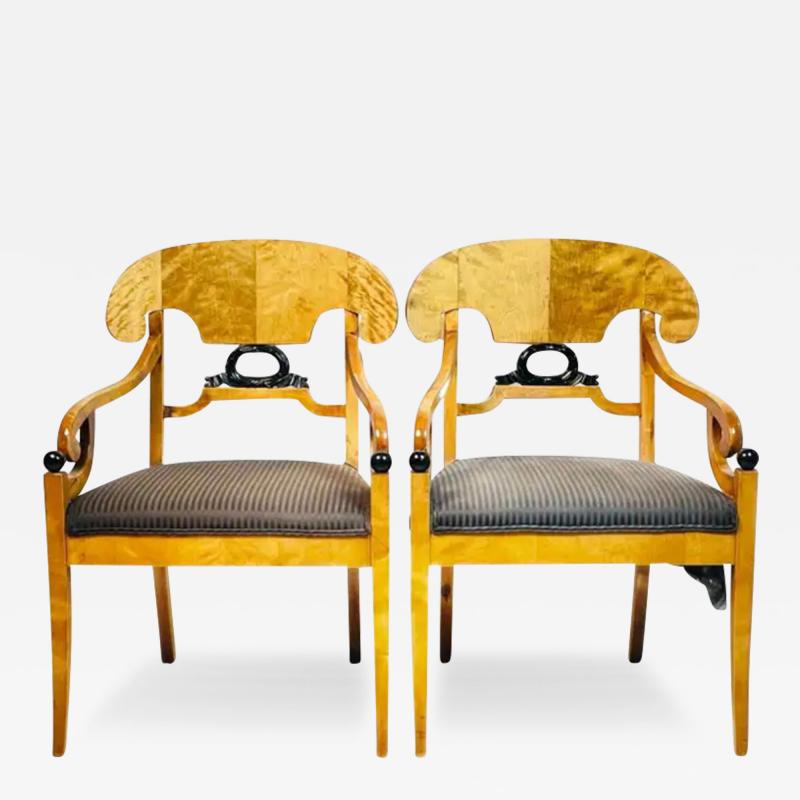 Pair of Biedermeier Arm Chairs in Flame Birch Wood Sweden 1900s