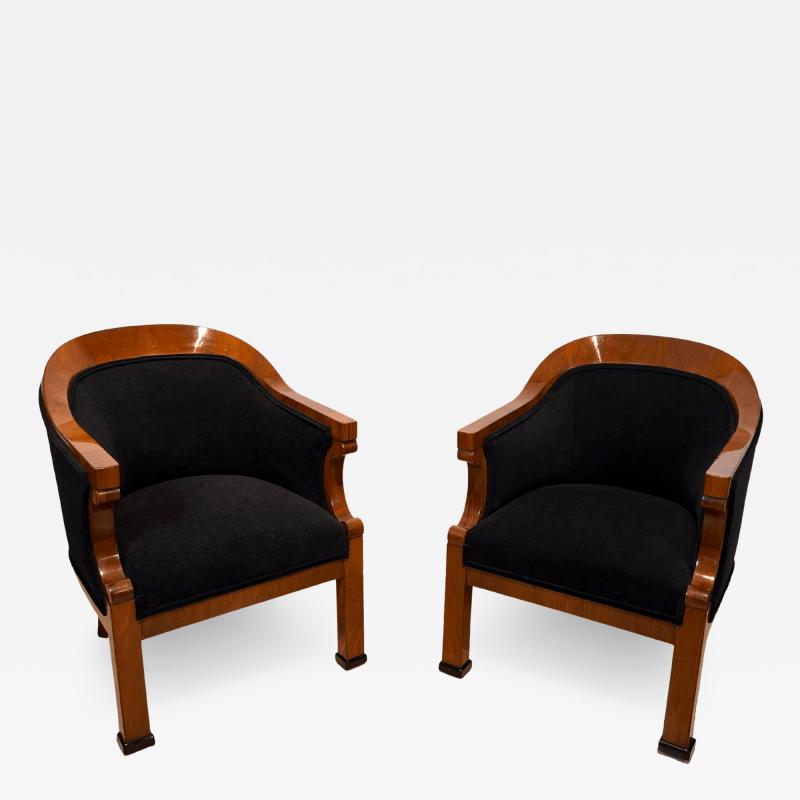 Pair of Biedermeier Bergere Chairs Walnut Veneer Vienna Austria 19th Century