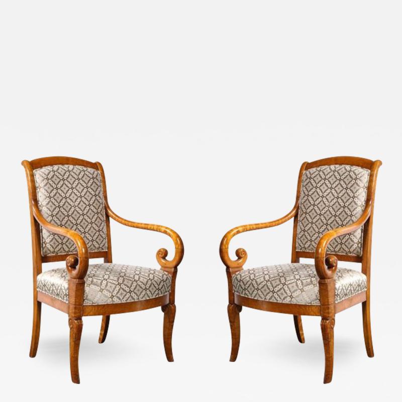 Pair of Biedermeier Scroll Form Arm Chairs in Hand Finished Burled Elm