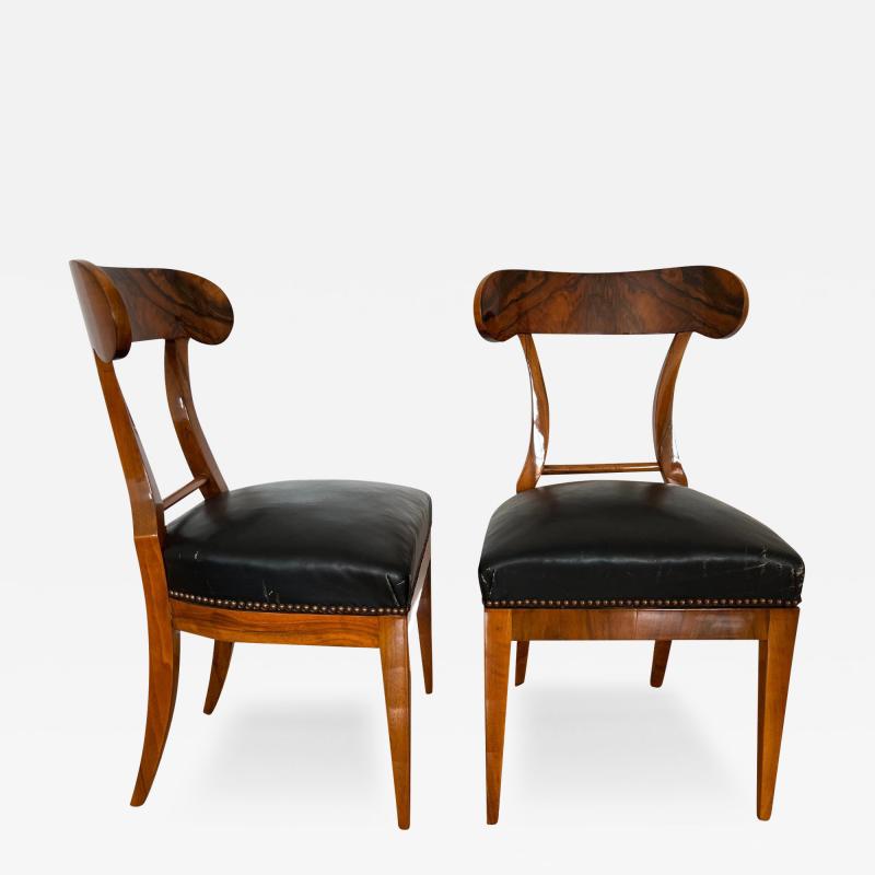 Pair of Biedermeier Shovel Chairs Walnut Black Leather Austria circa 1820