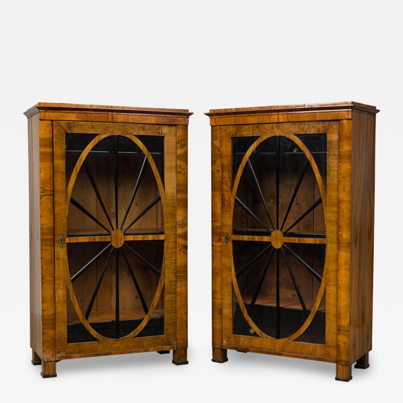 Pair of Biedermeier walnut and Ebonized Wood Glass Door Book Cabinets