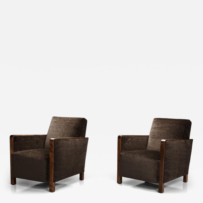 Pair of Birch Armchairs with Brown Upholstery Sweden 1930s