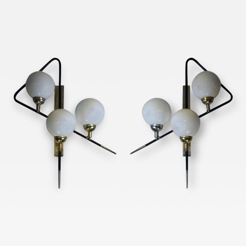 Pair of Black Asymmetrical Sconces w White Opaline Glass Boules