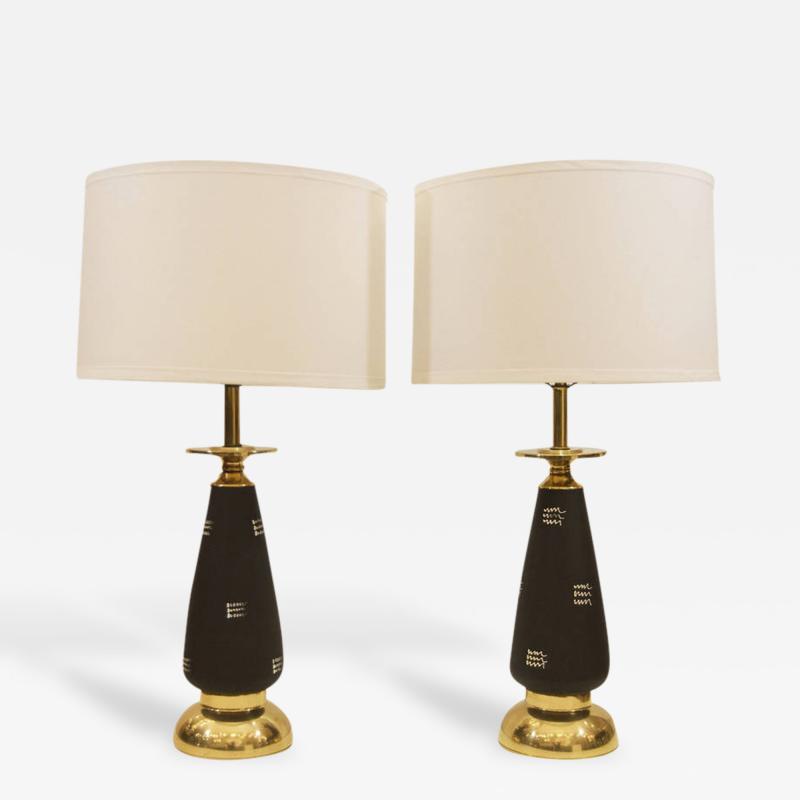 Pair of Black Enameled and Brass Table Lamps