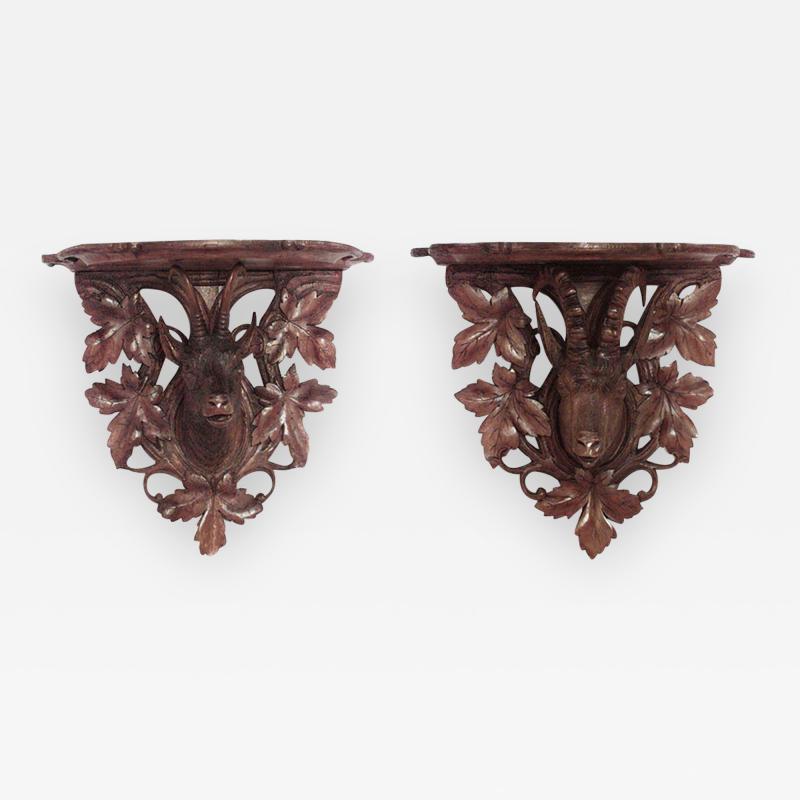 Pair of Black Forest Walnut Wall Shelves