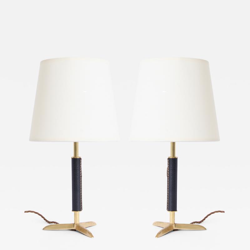 Pair of Black Leather and Brass Table Lamps