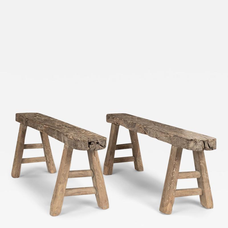 Pair of Bleached Antique Wood Benches