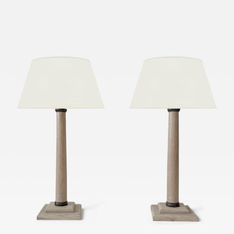 Pair of Bleached Oak Column Lamps