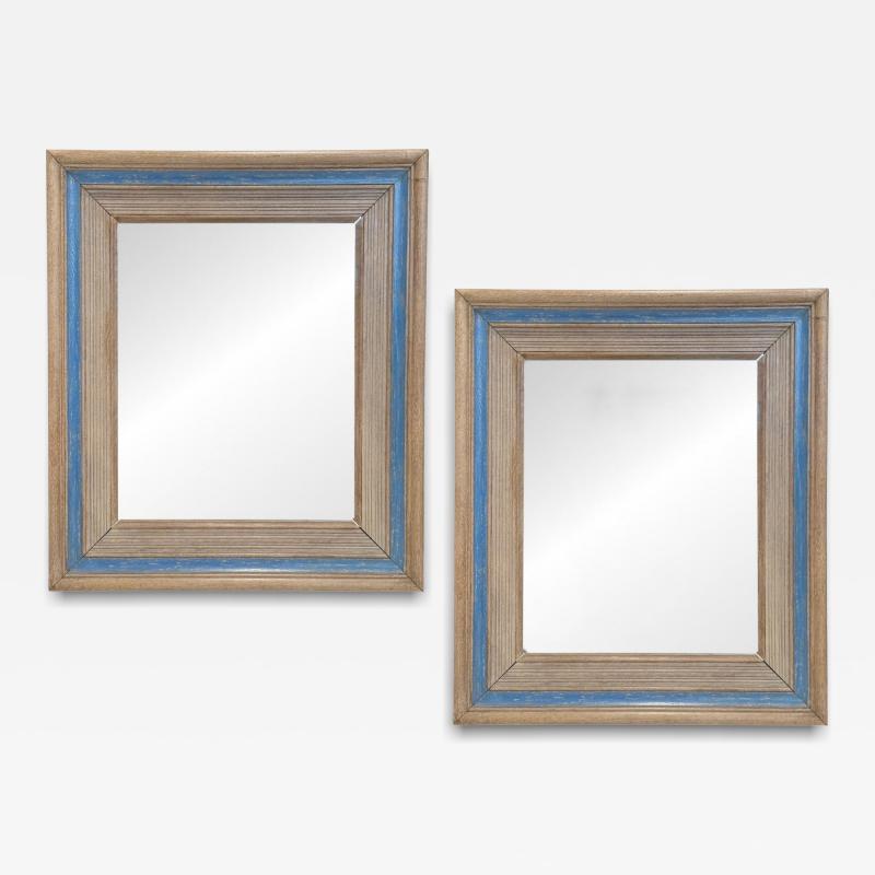 Pair of Bleached Oak Mirrors with Blue Stripe