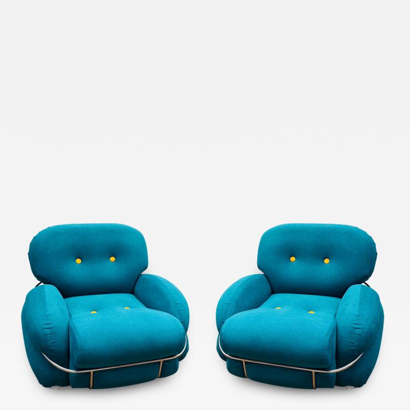 Pair of Bleu and Yellow Armchairs in the Style of Sesann Italy 1960s