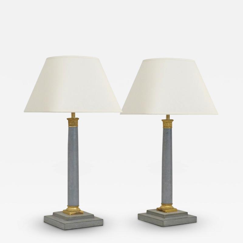 Pair of Blue Gray Column Lamps