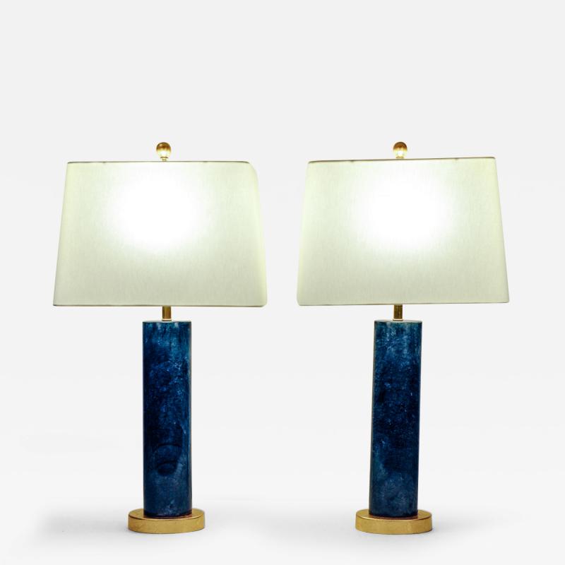 Pair of Blue Jade Oval Slim Design Lamps w Gold Base