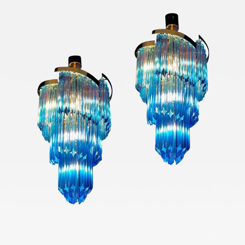 Pair of Blue Murano Prism Chandelier with Golden Frame 1980