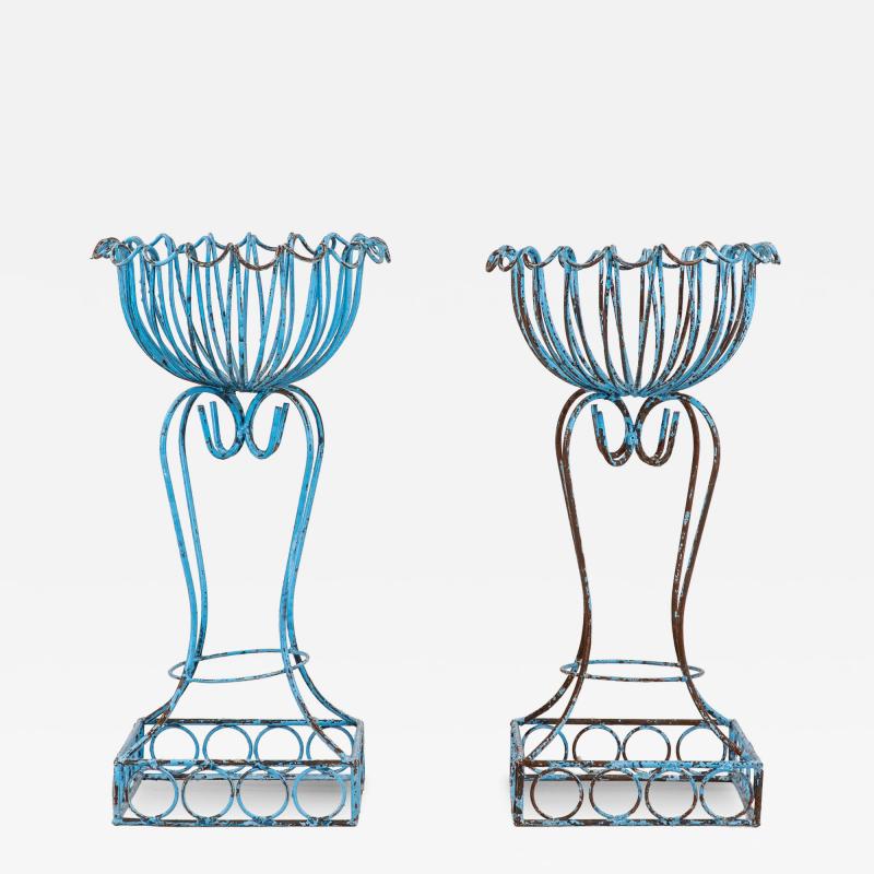 Pair of Blue Painted Iron Pedestal and Basket Planters 1960s France