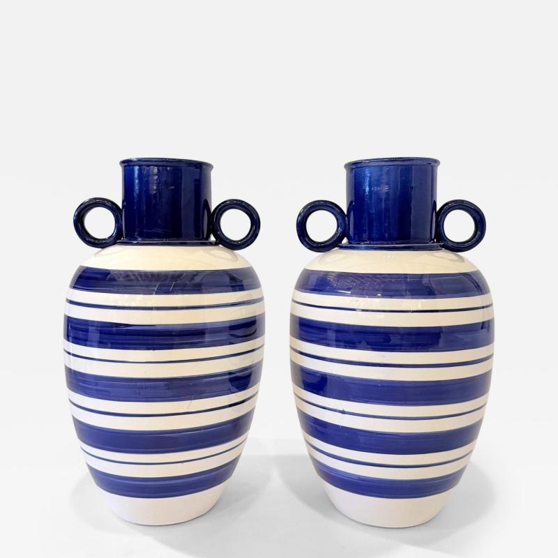 Pair of Blue and White Striped Vases