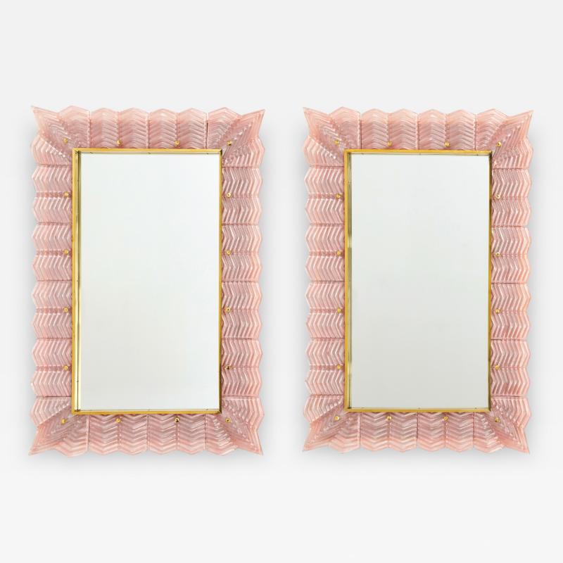 Pair of Blush Pink Textured Murano Glass and Brass Inlay Mirrors Italy