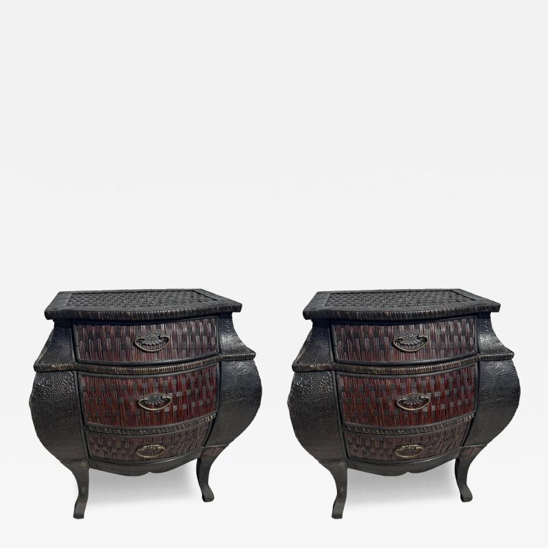 Pair of Bombe Style Boho Chic Rattan Commodes