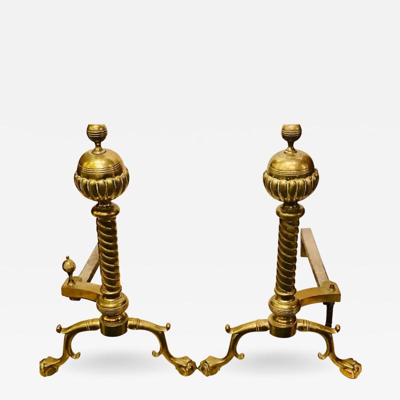 Pair of Brass Andirons circa 1880 Ball and Claw Feet of Twisted Column Form