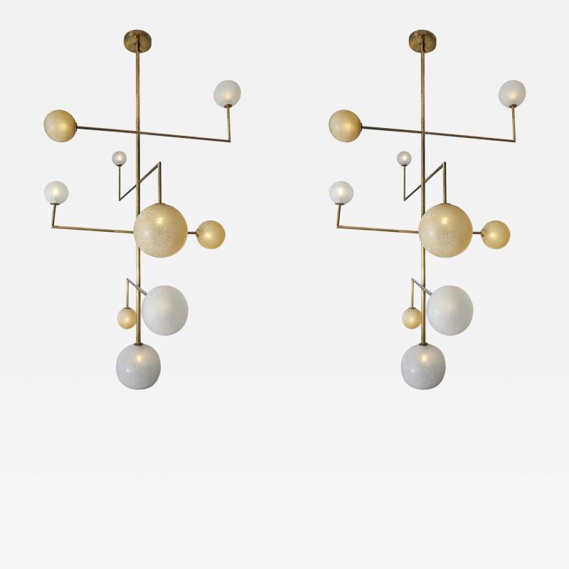 Pair of Brass Angular Chandeliers with Glass Globes