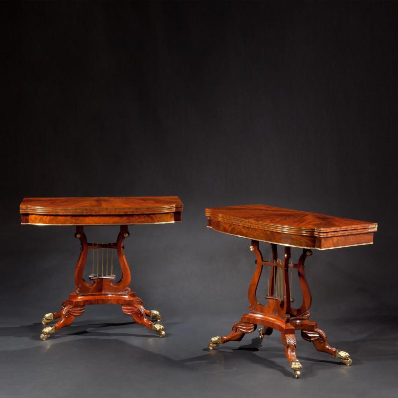 Pair of Brass Inlaid Carved Mahogany Games Tables