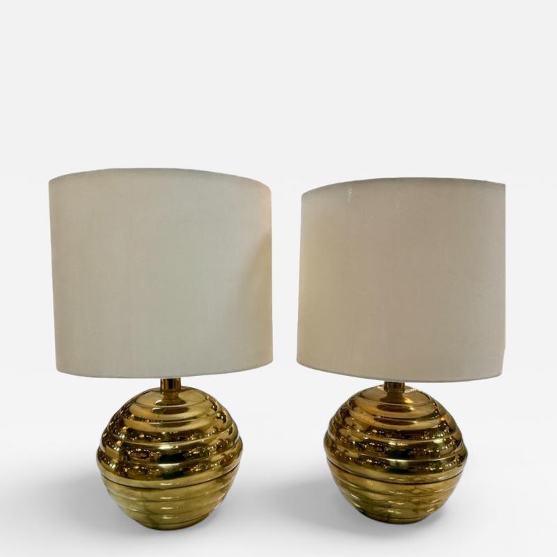 Pair of Brass Ribbed Base Table Lamps with Drum Shades