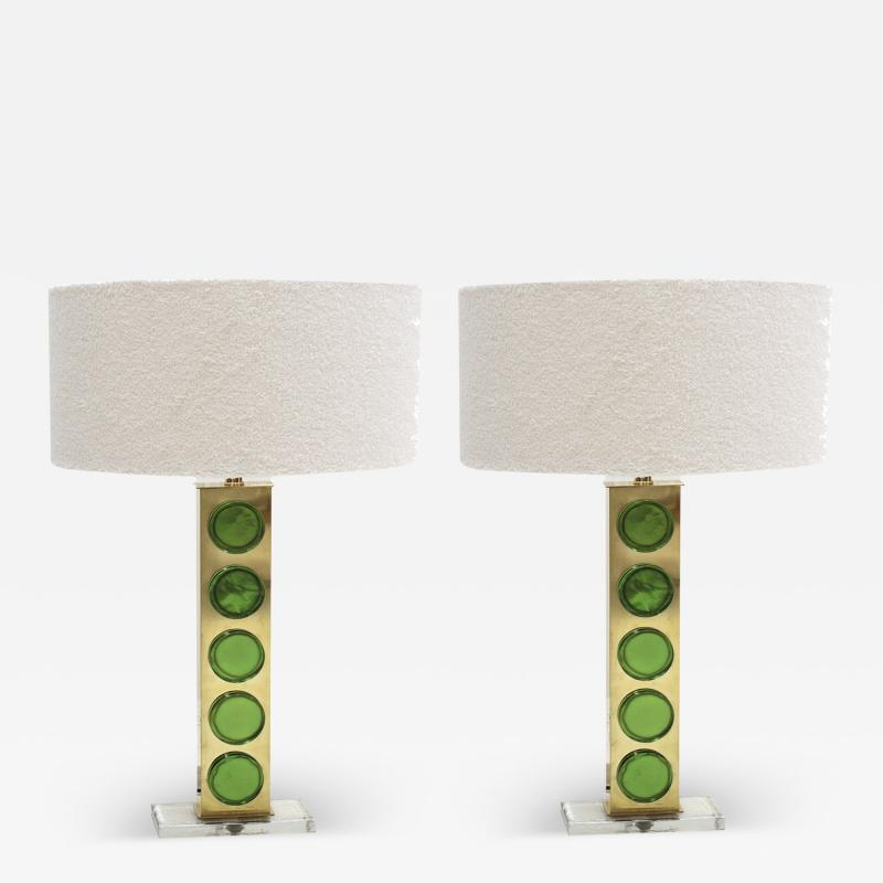 Pair of Brass Table Lamps with Green Murano Glass Italy