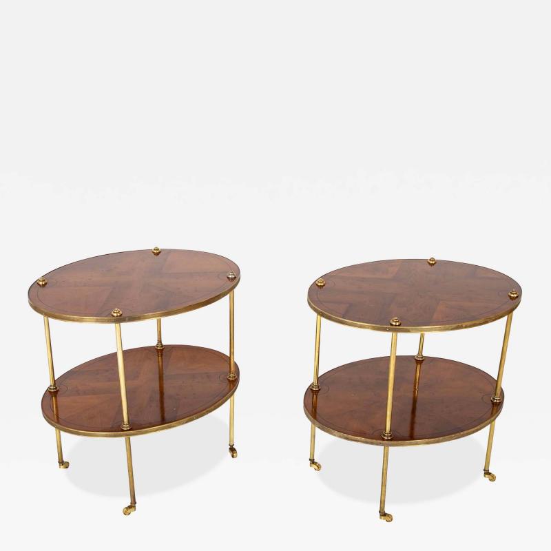 Pair of Brass Trimmed Yew Wood Two Tiered Tables