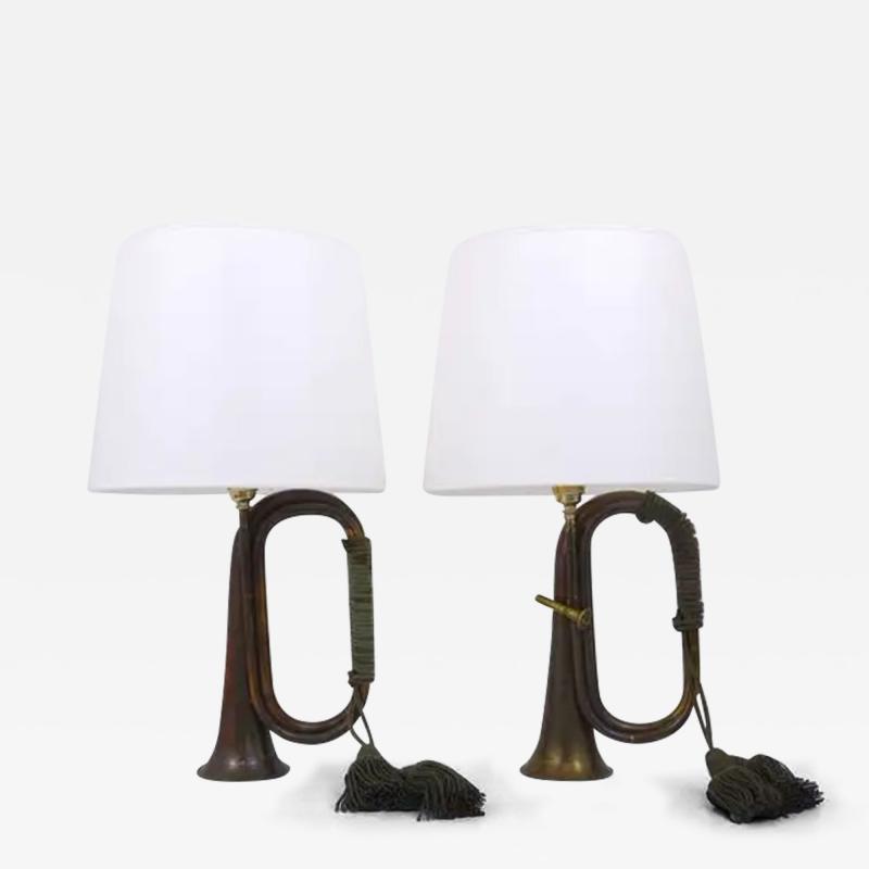 Pair of Brass Trumpet Horn Hunting Table Lamps with White Lampshades 1950s