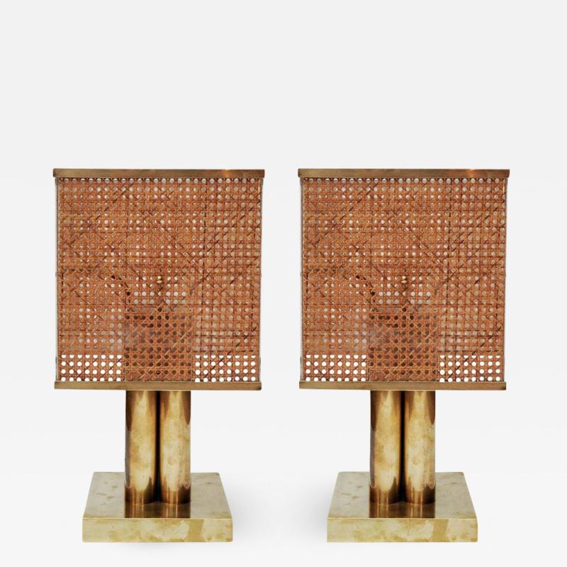 Pair of Brass Wicker and Plexi Table Lamps