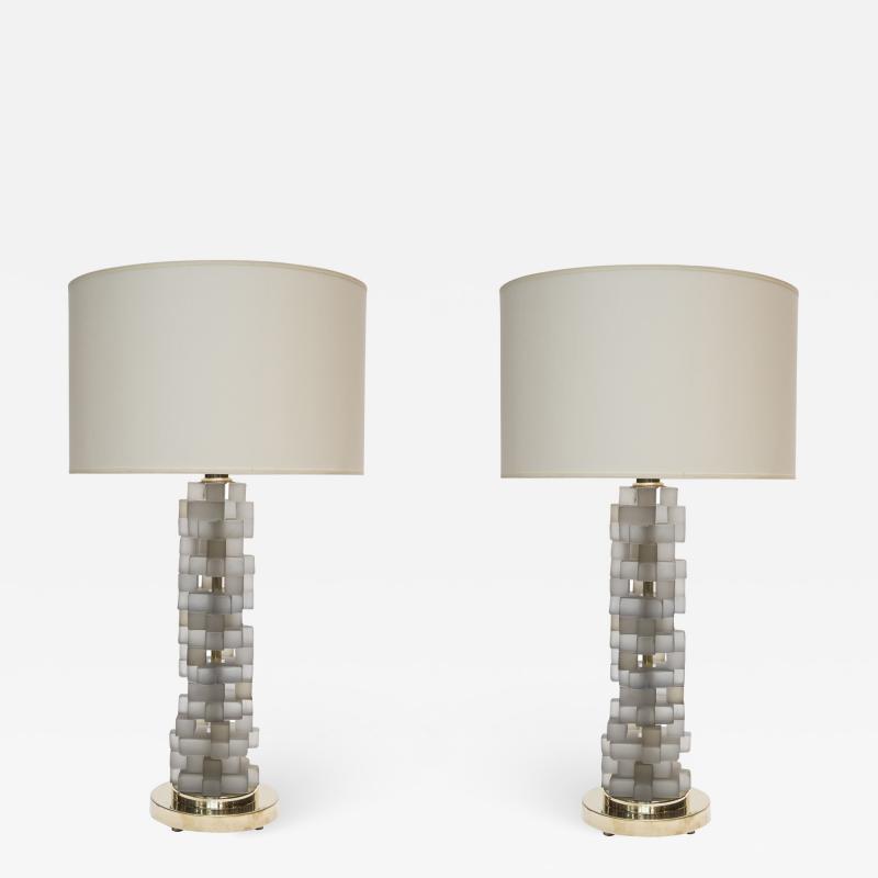 Pair of Brass and Grey Frosted Glass Table Lamps