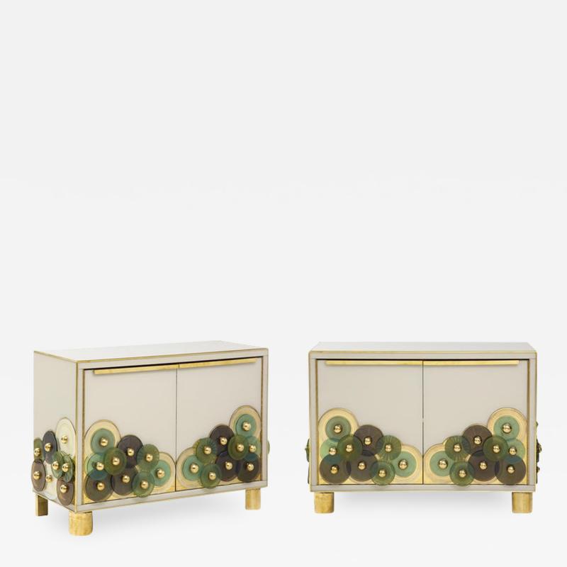 Pair of Brass and Ivory Murano Glass with Glass Discs Sideboards Italy 2021