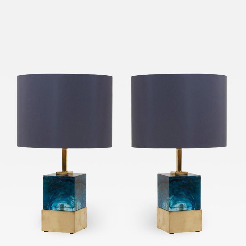 Pair of Brass and Murano Glass Cube Table Lamps