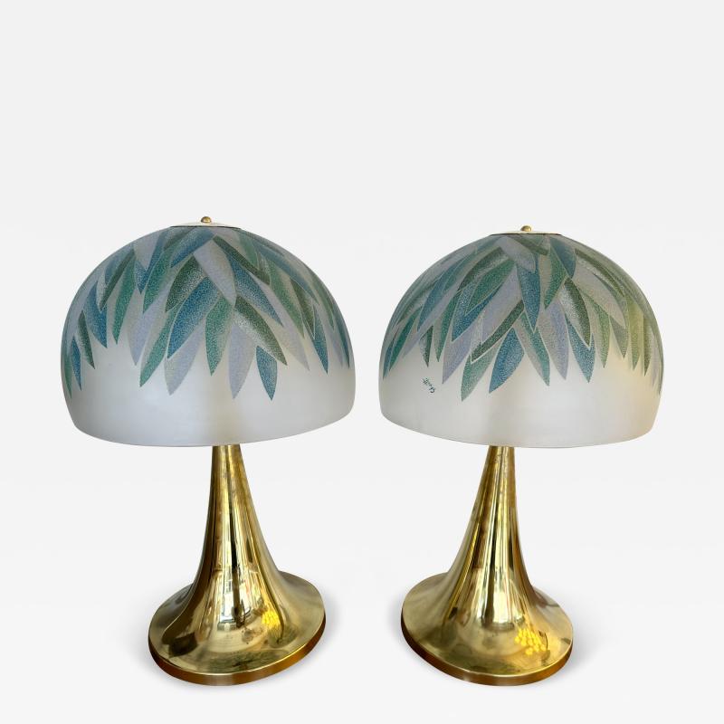 Pair of Brass and Murano Glass Palm Tree Shades Lamps by Ghisetti Italy