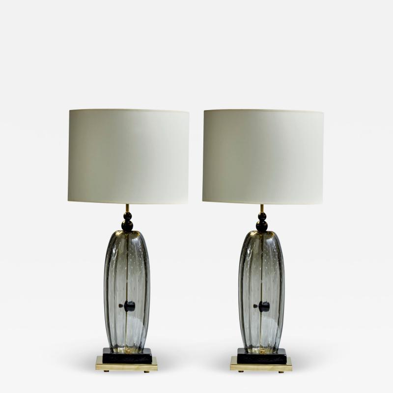 Pair of Brass and Smoked Murano glass Table Lamps