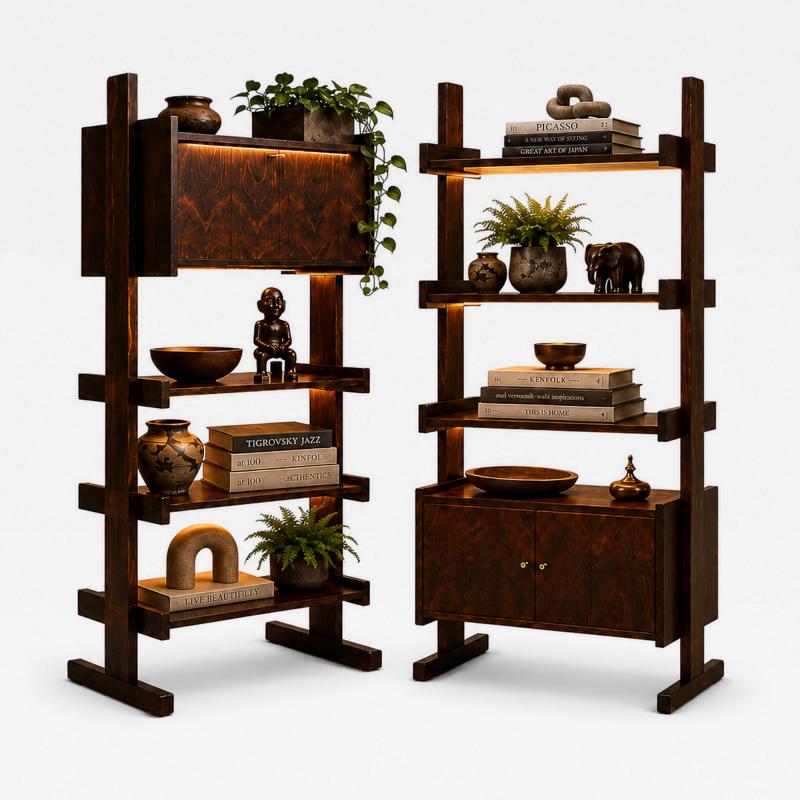 Pair of Brazilian Modern Adjustable Bookshelves with Cabinets in Rosewood