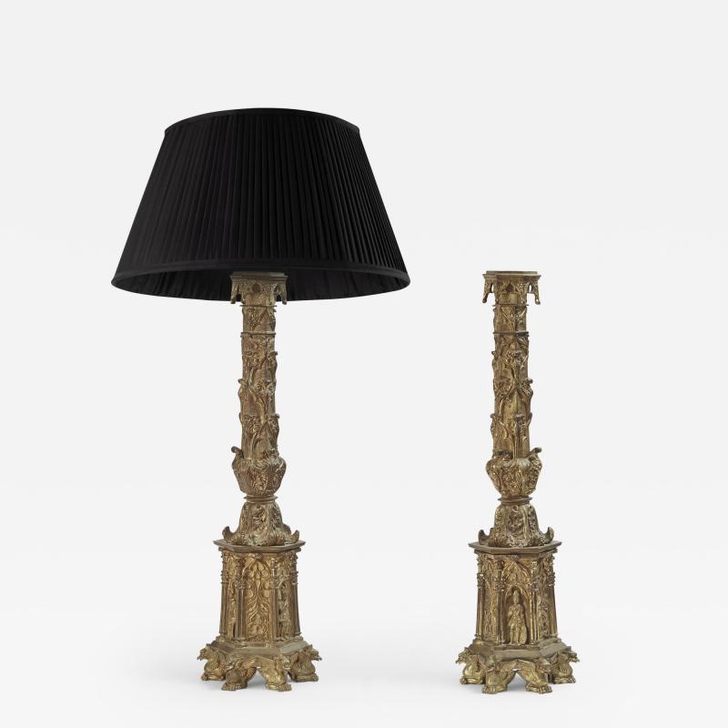 Pair of Bronze Dore Candlestick lamps in Gothic Taste Circa 1850