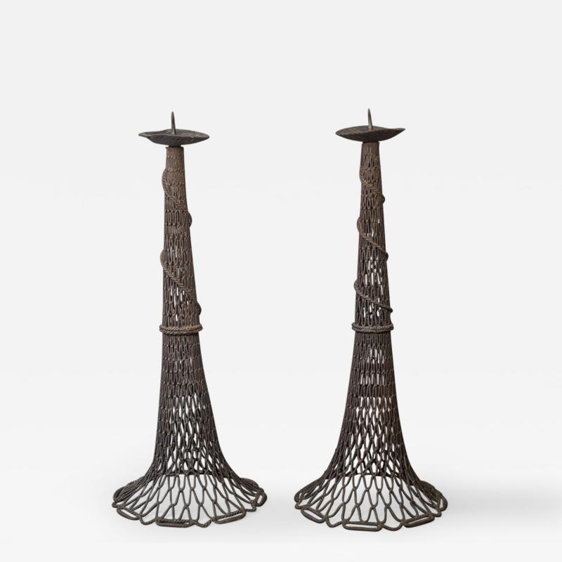 Pair of Bronze Fishnet Candlesticks