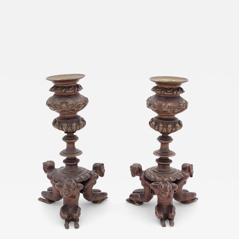 Pair of Bronze French Baroque Style Candlesticks with Satyrs 19th Century