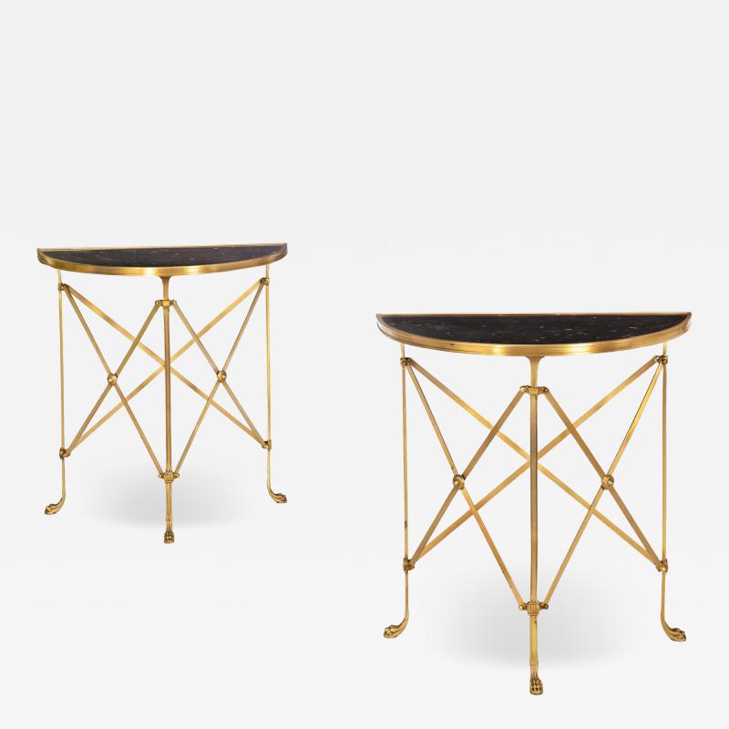 Pair of Bronze and Black Granite Demilune Console Tables Manner of Jansen