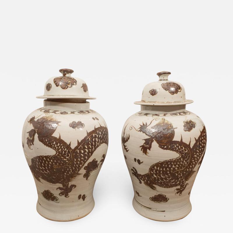 Pair of Brown Jars with Lids