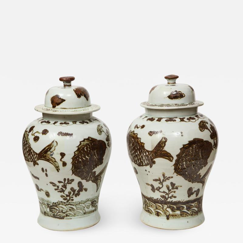 Pair of Brown and White Ginger Jars