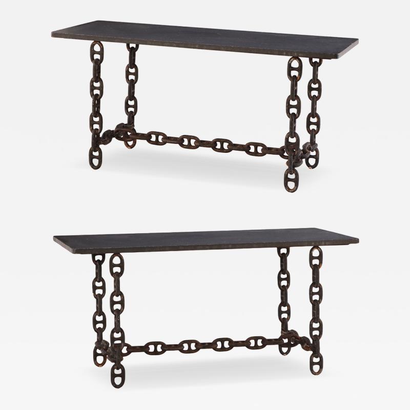 Pair of Brutalist Blue Stone Top Chain Consoles C 1970