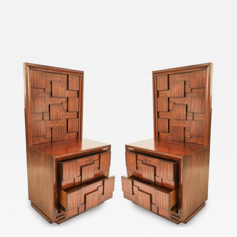 Pair of Brutalist Mahogany Two Drawer Bedside Tables