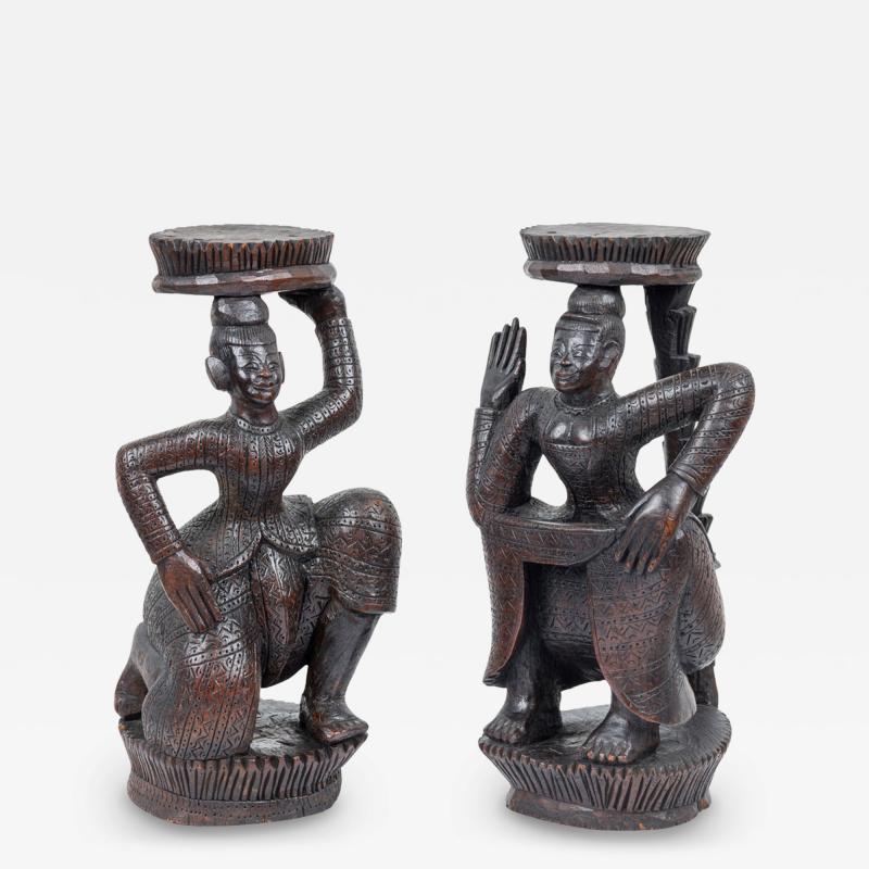 Pair of Burmese Ebonized Wood Dancing Figures