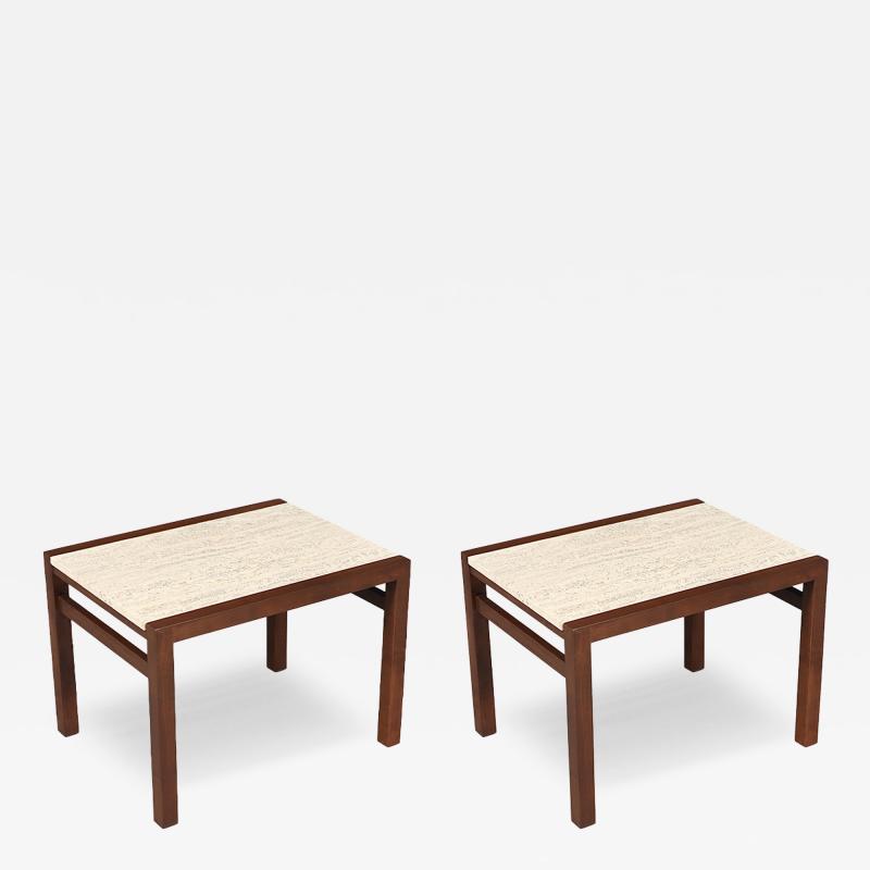Pair of Californian Modern Travertine Top Side Tables