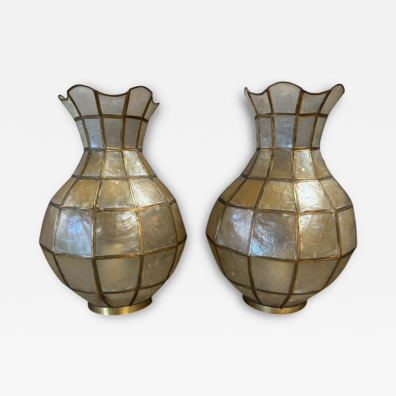 Pair of Capiz Shell and Brass Wall Sconces Small 1970s
