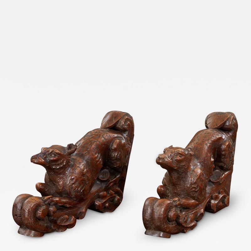 Pair of Carved Arts Crafts Fox Brackets