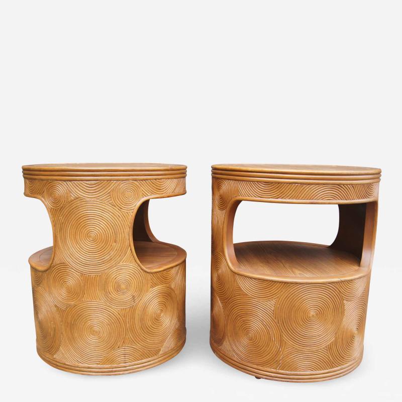 Pair of Carved Round End Tables in the Aesthetic of Gabriella Crespi