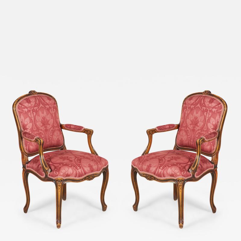Pair of Carved Walnut and Pink and Red Damask Upholstered Armchairs