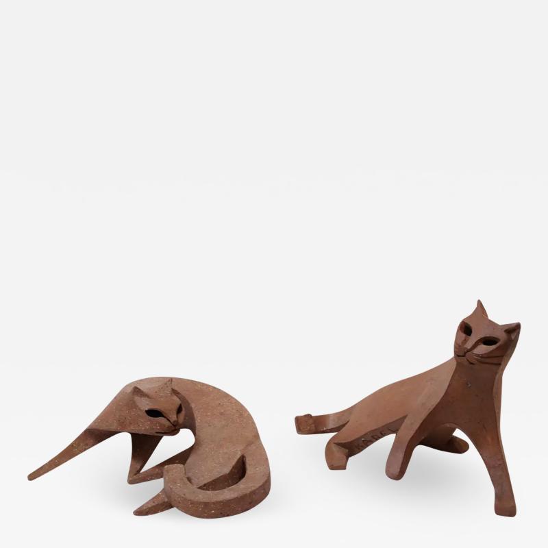 Pair of Cat Ceramic Sculpture by Karel Dupont Belgium